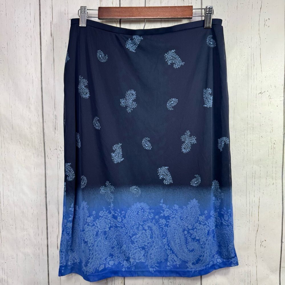 Vintage Express Womens Blue Paisley Ombre Midi Skirt Boho Flowy Gypsy Summer